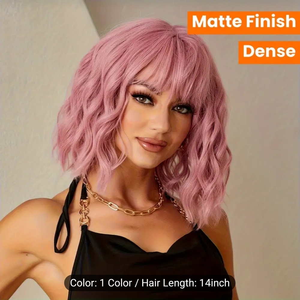 🥑NWT Pink Wavy Hair Synthetic Wig with Natural Texture Heat Resistance Rose Net